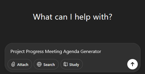 ChatGPT prompt interface with the following prompt: "Project Progress Meeting Agenda Generator"