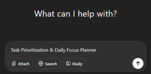 ChatGPT prompt interface with the following prompt: "Task Prioritization & Daily Focus Planner"