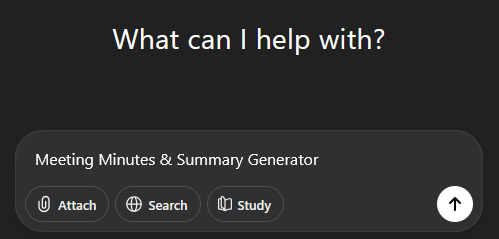 ChatGPT prompt interface with the following prompt: "Meeting Minutes & Summary Generator"